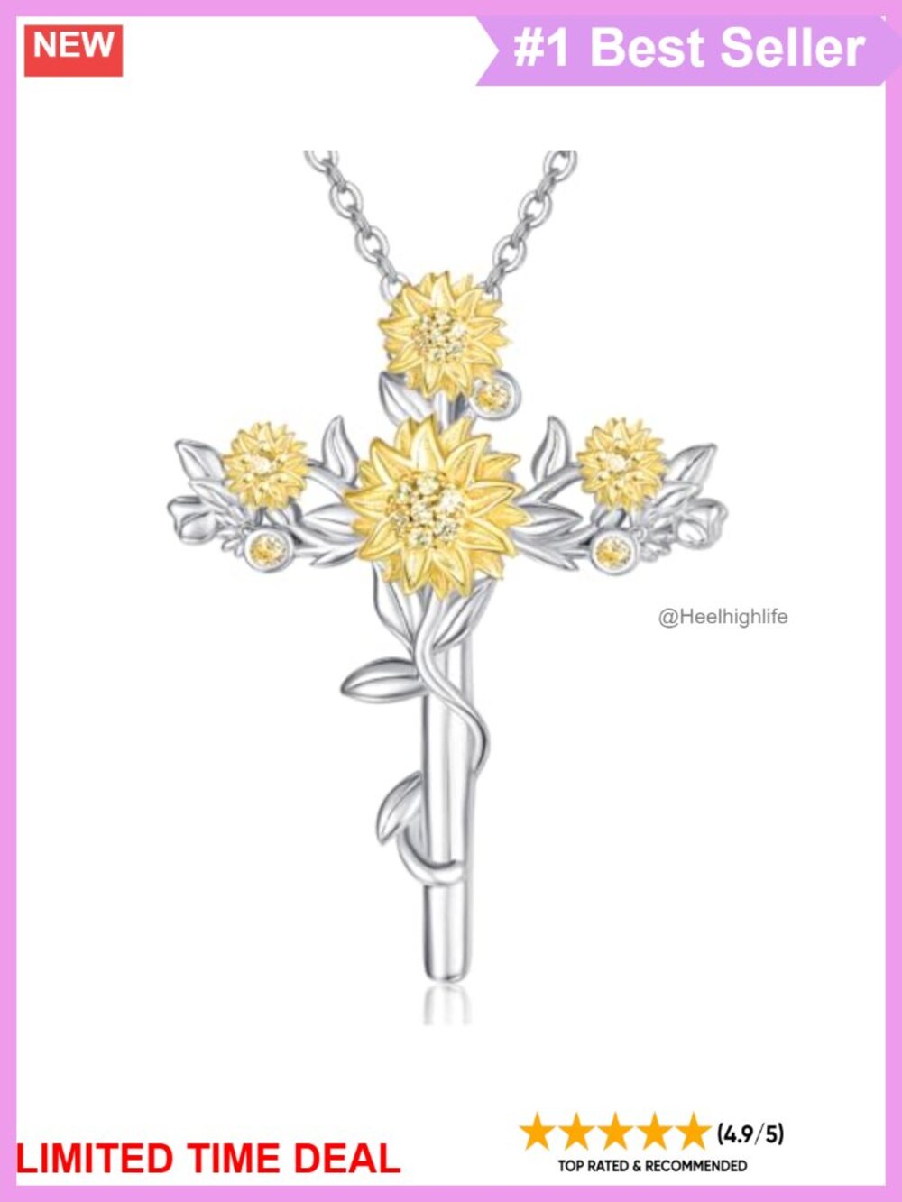925 Sterling Silver Sunflower Cross Pendant Necklace 18in Women's Jewelry